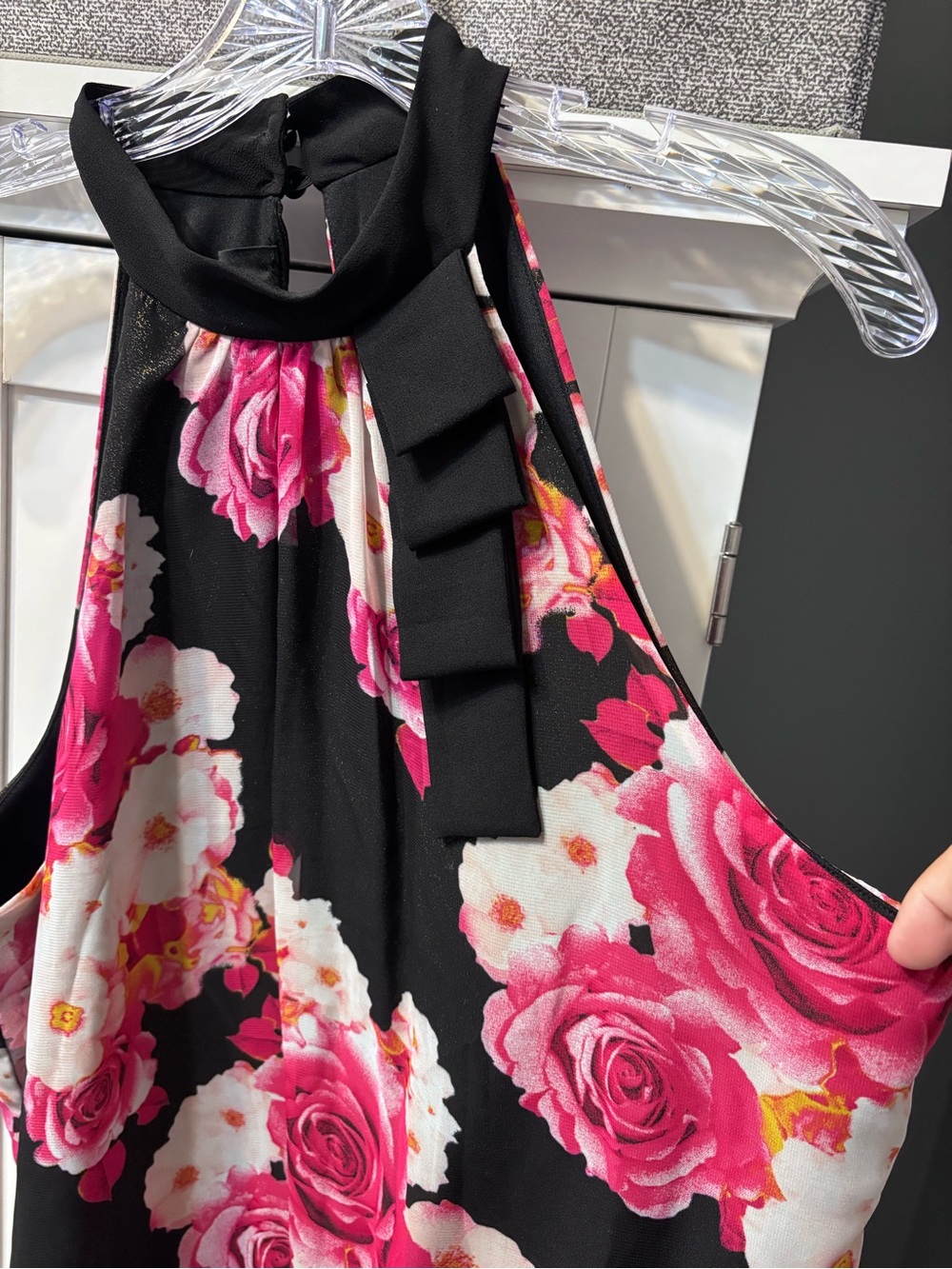 Floral Halter Neck Midi Dress - Black with Pink Roses Gold Shimmer Chiffon NWOT